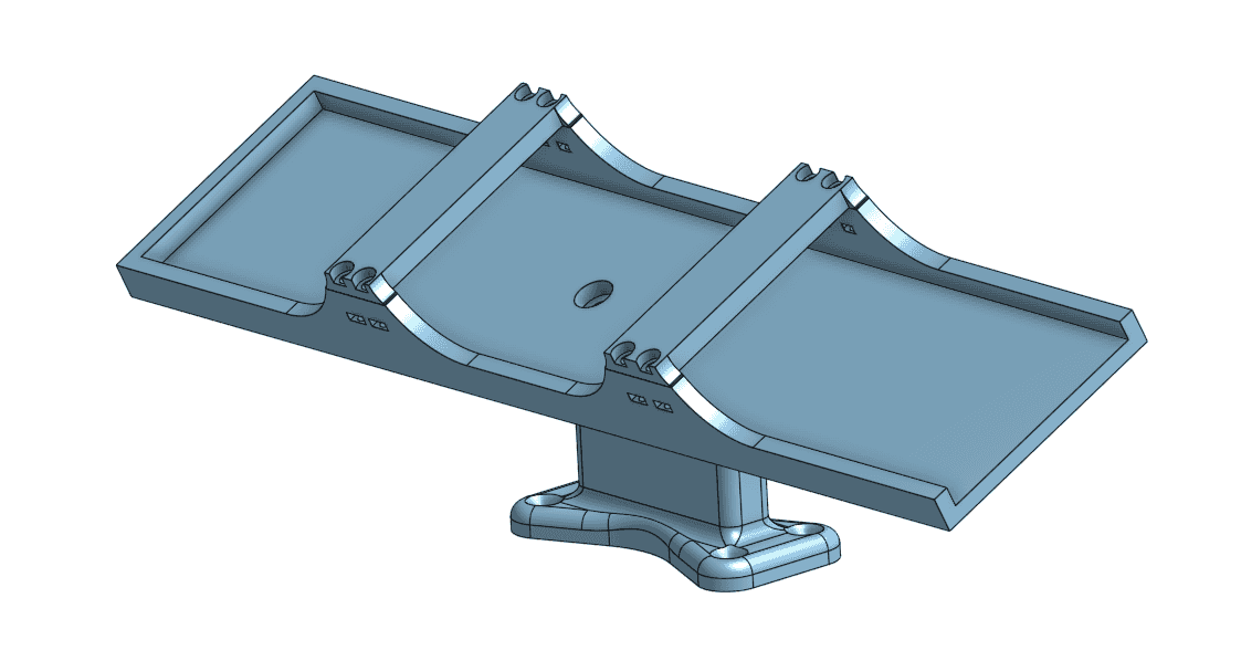 OnShape screenshot of a water block holder. there's a rectangular slot on the top, tilted about 30 degrees to the right. there's a pillar going down to the bottom with a couple slots for screws to mount it to the cabinet.